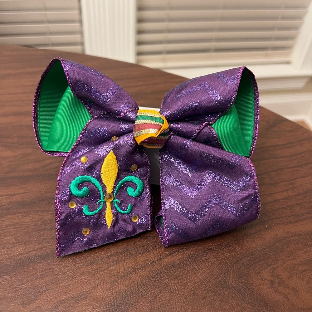 Mardi Gras Embroidered Glitter Girls Hair Bow 5” Carnival Fat Tuesday Nola